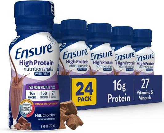 Ensure High Protein Bottled Milk Chocolate Nutrition Shake with Fiber, Ready to Drink, 16g Protein and 27 Vitamins and Minerals, 8 fl oz, 24 Pack