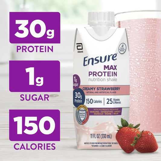 Ensure Max Protein Creamy Strawberry Shake, 30g High Protein, 12 Pack