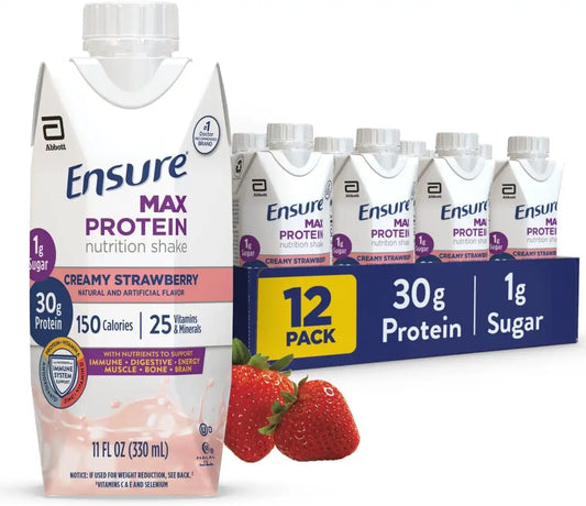 Ensure Max Protein Creamy Strawberry Shake, 30g High Protein, 12 Pack