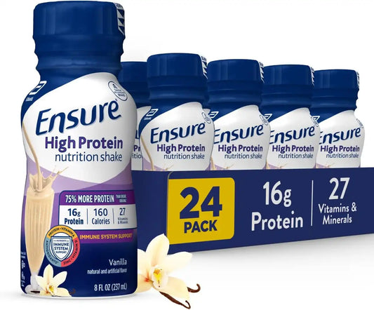 Ensure High Protein Vanilla Nutrition Shake with Fiber, Ready to Drink, 16g Protein and 27 Vitamins and Minerals, 8 fl oz, 24 Pack