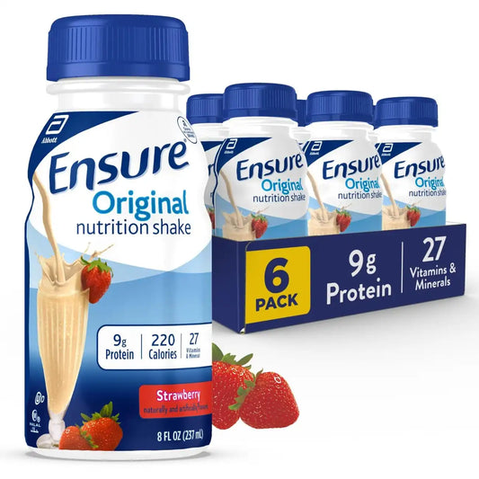 Ensure Original Strawberry Nutrition Shake | Small Meal Replacement Shake | Ready To Drink | 9g Protein, 27 Vitamins and Minerals | 8 fl oz - 6 Pack